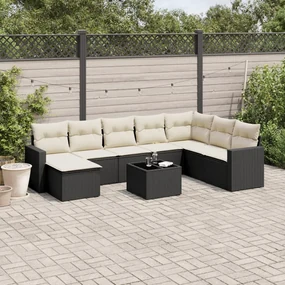 Set divani da giardino 9 pz con cuscini nero in polyrattan