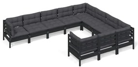 Set divani da giardino 10 pz con cuscini neri massello di pino