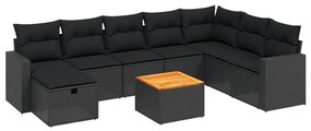 Set Divani da Giardino 9 pz con Cuscini Nero in Polyrattan