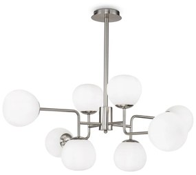Lampadario Sospensione Erich In Metallo Nichel 8 Luci E Diffusori Bianchi