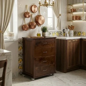 Cassettiera con ruote ICON 58X83h cm in Legno di Faggio a 4 Cassetti Noce