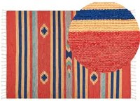 Tappeto Kilim multicolore in cotone 140 x 200 cm tessuto a mano a trama piatta reversibile con motivi geometrici e frange, tradizionale Boho, per il soggiorno e la camera da letto.