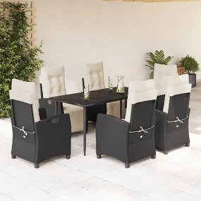 Set da pranzo da giardino 7 pz nero con cuscini in polyrattan