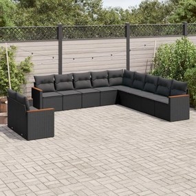 Set divani da giardino 11 pz con cuscini in polyrattan nero