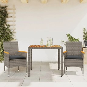 Set Pranzo Da Giardino 3pz Con Cuscini Polyrattan Acacia Grigio /