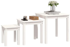 Tavolini a incastro 3 pz bianco in legno massello di pino