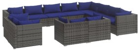 Set divani da giardino 12 pz con cuscini in polyrattan grigio