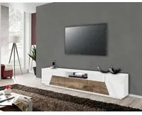 Mobile da soggiorno Porta TV, Made in Italy, Credenza per TV da salotto a 4 ante geometriche e 1 cassetto, Cm 220x43h46, Bianco lucido e Acero