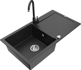 Mexen Leo lavello in granito a 1 vasca con sgocciolatoio e miscelatore cucina Telma, nero/argento metallizzato