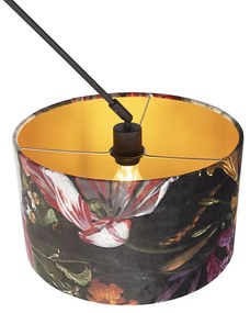 Lampada a sospensione nera con paralume in velluto con fiori e oro 35 cm - Blitz
