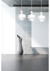 Lampadario 3 Luci Zhurong In Acciaio Bianco E Paralumi Con Legno Naturale