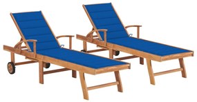 Lettini prendisole 2 pz con cuscino blu reale in legno di teak