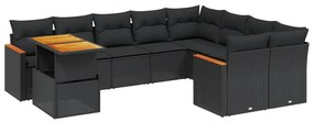 Set divani da giardino 10pz con cuscini in polyrattan nero