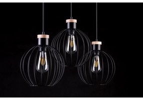 Lampadario 3 Luci Morgana Paralumi A Gabbia In Acciaio Nero E Legno Naturale