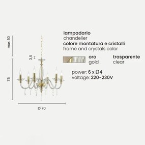 Lampadario FIAMMA in cristallo e vetro trasparente finitura oro 6 LUCI