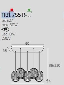 Sospensione cromo 5 luci rettangolare vetri trasparente 1181cr-s5 r-tr