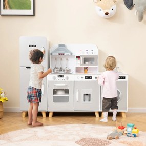 Costway Set da cucina per bambini 3 in 1 con luci e suoni per bambini 3+ anni, Cucina da gioco con frigorifero e lavatrice macchina del ghiaccio Grigio/Bianco e grigio