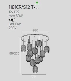 Sospensione cromo 12 luci tonda vetri trasparente 1181cr-s12 t-tr