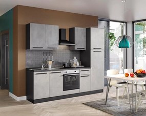 Cucina montata Dora bianco e grigio chiaro, lavello a sinistra, L.255 cm, completa di: cappa a camino, piano cottura a induzione, forno e frigorifero