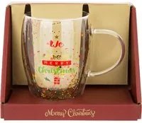 Tazza mug vetro borosilicato Merry Christmas glitter 300 ml