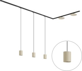 Sistema di illuminazione a binario moderno nero con 3 luci a sospensione e 2 plafoniere beige monofase - Iconic Holt Pulley
