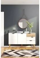 Credenza a due ante e tre cassetti, colore bianco e rovere, Misure 147 x 81 x 39 cm