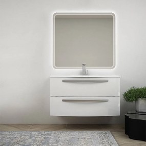 Mobile bagno bianco lucido sospeso 100 cm specchio retroilluminato LED e lavabo in ceramica Mod. Berlino