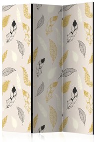 Paravento Piume dorate (3-parti) - composizione pattern in oro e grigio