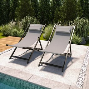 Set di 2 Sedie Sdraio Leggera Da Giardino Schienale Regolabile 5 Posizioni Pieghevole Ergonomica Con Cuscino Traspirante Struttura Nera In Alluminio Da Esterno Piscina Mare Portata 160 Kg (Grigio)