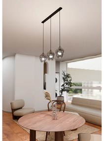 Lampadario 3 Luci Fuxi In Acciaio Nero E Vetri Fumè