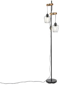 Lampada da terra rustica nera con legno 2 luci - Stronk
