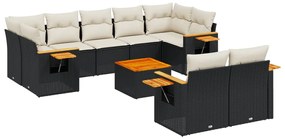 Set Divani da Giardino 10pz con Cuscini in Polyrattan Nero