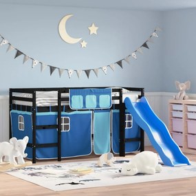 Letto A Soppalco Bambini Con Tende Blu 90x190 Cm Massello Pino /