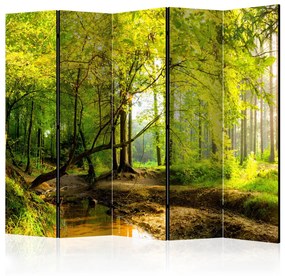 Paravento Radura nel bosco II - paesaggio autunnale con foglie gialle e acqua