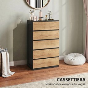 Cassettiera 5 Cassetti 60x39x100 cm con Guide in Metallo e Maniglie Scanalate in Legno Nero e Rovere...