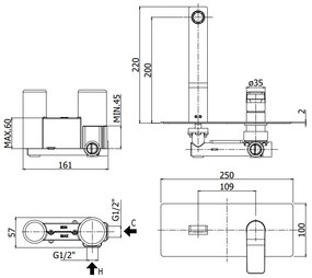 Paffoni Tilt Ti106cr Miscelatore lavabo Incasso 2 Fori Piastra Rettangolare E Bocca 24 cm Cromo