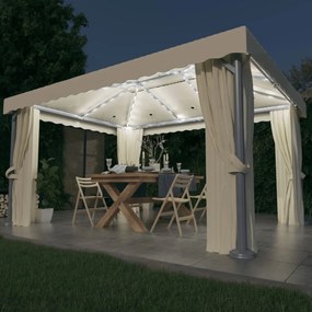 Gazebo Con Tende E Stringa Di Luci Led 4x3 M Bianco Crema /