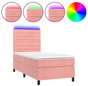 Letto a molle con materasso e led rosa 90x190 cm in velluto