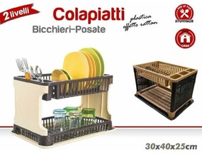 Trade Shop - Scolapiatti In Plastica Effetto Rattan 2 Ripiani Piatti Posate Bicchieri Marrone