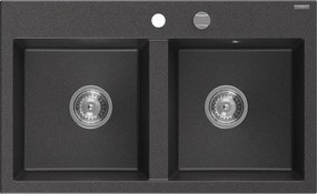 Mexen Hektor lavello da cucina in granito a 2 vasche 800 x 480 mm, nero punteggiato, sifone cromato - 6521802000-76