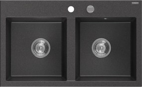 Mexen Hektor lavello da cucina in granito a 2 vasche 800 x 480 mm, nero punteggiato, sifone cromato - 6521802000-76