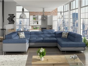 Divano letto matrimoniale angolare Berlino - Ecopelle grigio chiaro+tessuto blu