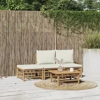 Set Salotto da Giardino 4pz con Cuscini Bianco Crema in Bamb