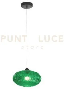 Sospensione 1 luce in vetro rigato verde struttura ferro nero d.28