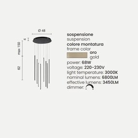 Lampada a sospensione Led verticale 48 cm in metallo verniciato Oro - GENIUS 8 Luci