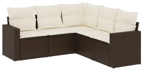 Set Divano da Giardino 5 pz con Cuscini Marrone in Polyrattan