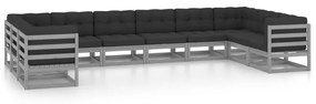 Set divani da giardino 10 pz grigio cuscini massello di pino