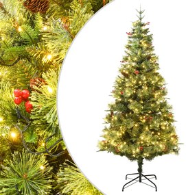 Albero Di Natale Preilluminato Con Pigne Verde 225 Cm Pvc E Pe /