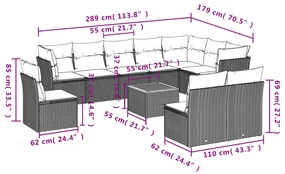 Set divani da giardino 11 pz con cuscini in polyrattan grigio