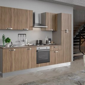 Cucina montata Dora rovere chiaro, lavello a sinistra, L 300 cm, completa di: cappa a camino, piano cottura a gas, forno, frigorifero